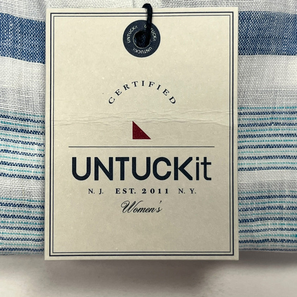 UNTUCKit Womens Vietti Linen Shirt Blue White Striped Button Up L Sleeve 14 NWT - Picture 8 of 12